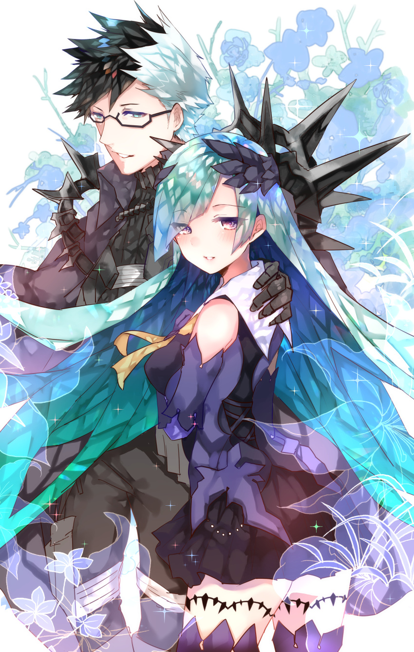 1boy 1girl absurdres armor black_hair blue_eyes blue_hair blush brynhildr_(fate) fate/grand_order fate_(series) gauntlets glasses gloves hair_ornament hand_on_another's_shoulder highres long_hair multicolored_hair open_mouth sigurd_(fate/grand_order) skirt smile spiked_armor sweetroad tears thigh-highs two-tone_hair very_long_hair violet_eyes white_hair wing_hair_ornament