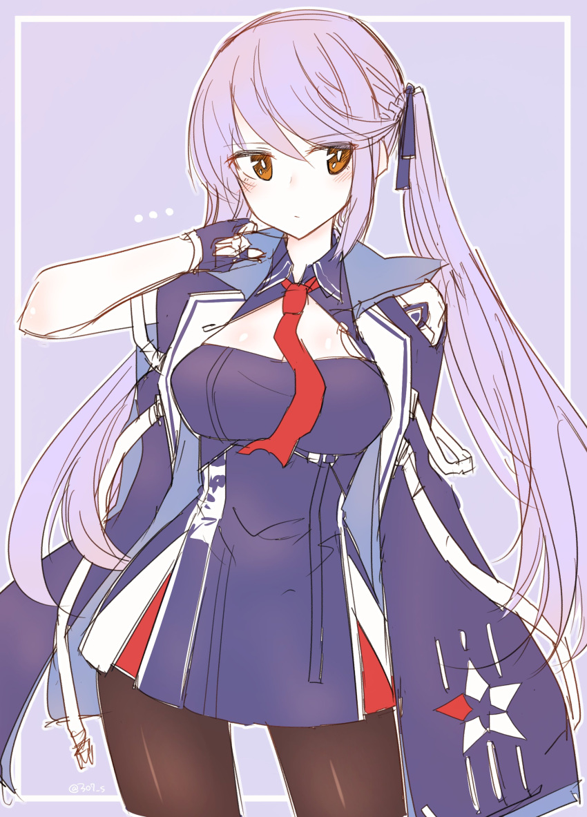 1girl absurdres azur_lane black_legwear blue_cloak blue_gloves blue_hair blue_jacket blush braid breasts brown_eyes cleavage collared_jacket commentary essex_(azur_lane) eyebrows_visible_through_hair fingerless_gloves french_braid gloves hair_ribbon highres jacket long_hair looking_at_viewer necktie o_h_miona pantyhose red_neckwear ribbon simple_background sketch solo star star_print twintails twitter_username very_long_hair