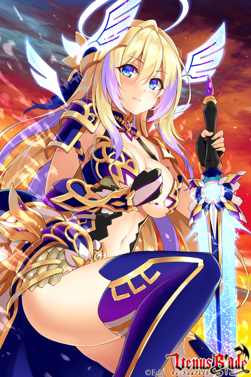 1girl armor armored_dress bangs black_gloves blonde_hair blue_dress blue_eyes blue_legwear blush breasts cleavage closed_mouth clouds cloudy_sky copyright_name dress energy_sword eyebrows_visible_through_hair fingerless_gloves fingernails gloves glowing glowing_sword glowing_weapon green_nails hair_between_eyes halo hand_up highres hisenkaede holding holding_sword holding_weapon large_breasts long_hair multicolored_hair nail_polish outdoors pauldrons purple_hair red_sky sky smile solo sword thigh-highs two-tone_hair venus_blade very_long_hair watermark weapon