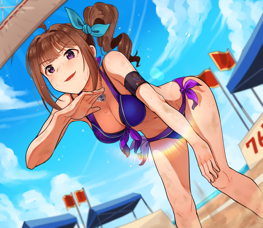 1girl ahoge beach bent_over breasts brown_hair cleavage clouds collarbone day drill_hair eyebrows_visible_through_hair flag hand_on_own_knee idolmaster idolmaster_million_live! idolmaster_million_live!_theater_days jewelry kamille_(vcx68) large_breasts looking_away necklace outdoors parted_lips short_hair side_drill solo standing sweat violet_eyes yokoyama_nao