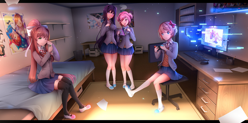 3d_background 4girls ;) absurdres black_legwear blue_skirt blush bow brown_hair chair citrus_(saburouta) commentary commission doki_doki_literature_club english_commentary eyebrows_visible_through_hair eyes_visible_through_hair flash_drive glitch green_eyes grey_jacket hair_bow hair_ribbon handheld_game_console happy_tears highres indoors jacket jpeg_artifacts kneehighs letterboxed long_hair manga_(object) meta monika_(doki_doki_literature_club) monitor multiple_girls natsuki_(doki_doki_literature_club) office_chair on_bed one_eye_closed open_clothes open_jacket pink_hair pleated_skirt ponytail poster_(object) purple_hair reading red_bow ribbon room sayori_(doki_doki_literature_club) school_uniform shoes short_hair sitting skirt smile tears thigh-highs tsukimaru two_side_up very_long_hair white_legwear white_ribbon yuri_(doki_doki_literature_club)