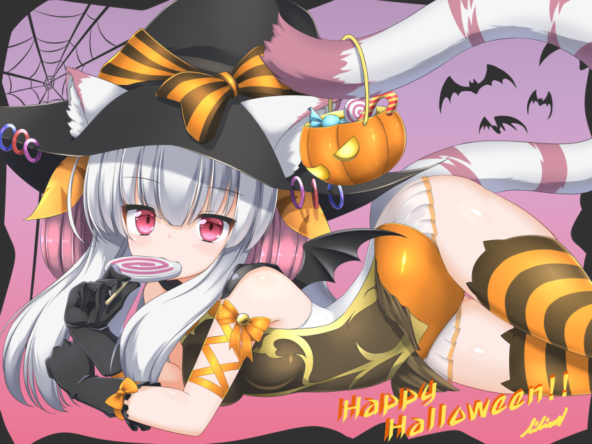 1girl animal_ears arm_ribbon artist_name bangs bare_shoulders bat bat_wings blunt_bangs bow breasts candy candy_cane cat_ear_thighhighs eating english eyebrows_visible_through_hair food food_in_mouth gloves gradient gradient_background haku_(p&amp;d) halloween halloween_costume happy_halloween hat hat_bow highres holding jack-o'-lantern leotard light_blush lilium0235 lollipop long_hair looking_at_viewer multicolored_hair pumpkin purple_background puzzle_&amp;_dragons red_eyes ribbon signature silk solo spider_web striped striped_legwear swirl_lollipop tail thigh-highs thigh_gap thighs tiger_ears tiger_tail two-tone_hair white_hair wings witch_hat