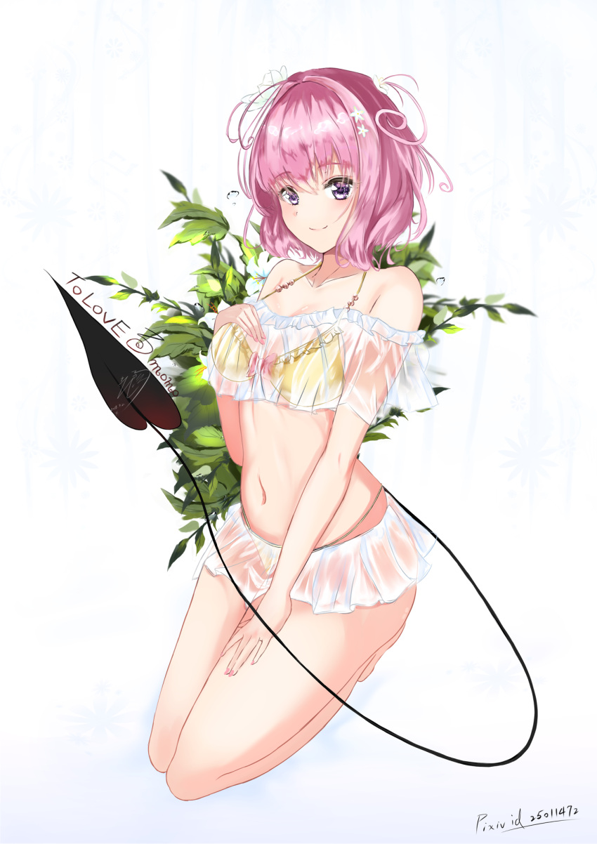 1girl bangs bare_legs bare_shoulders barefoot bikini bikini_under_clothes blush bow character_name closed_mouth collarbone commentary_request copyright_name demon_tail eyebrows_visible_through_hair flower food fruit full_body hair_between_eyes hair_flower hair_ornament hand_on_own_chest hand_up highres kneeling momo_velia_deviluke nail_polish navel peach pink_hair pink_nails pixiv_id pleated_skirt see-through short_hair skirt smile solo swimsuit tail tail_raised teratsuki to_love-ru to_love-ru_darkness violet_eyes yellow_bikini