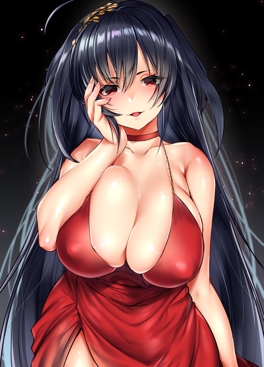 1girl absurdres ahoge alternate_costume arm_at_side armpit_crease azur_lane bangs bare_shoulders black_hair blush breasts buta_tamako choker cleavage collarbone commentary_request dress eyebrows_visible_through_hair eyes_visible_through_hair gradient gradient_background hair_between_eyes hair_ornament half-closed_eyes hand_on_own_cheek head_tilt highres huge_breasts light_particles long_hair looking_at_viewer open_mouth red_dress red_eyes shiny shiny_skin sidelocks simple_background skindentation solo taihou_(azur_lane) tongue upper_body very_long_hair