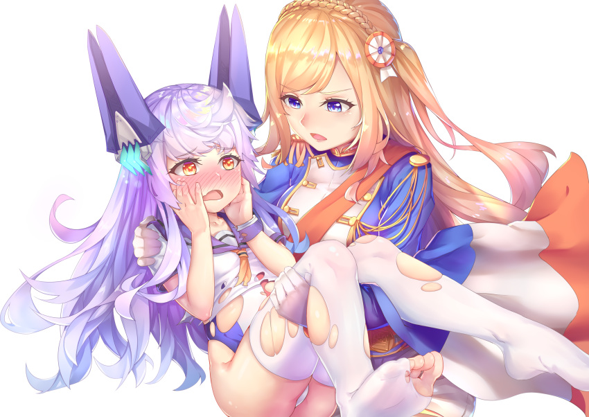 2girls ass blonde_hair blue_jacket blush braid breasts carrying collarbone commentary_request crown_braid feet gloves hair_ornament hands_on_own_face headgear highres jacket large_breasts le_fantasque_(zhan_jian_shao_nyu) long_hair long_sleeves military_jacket multiple_girls no_shoes nose_blush one_side_up open_mouth orange_neckwear princess_carry purple_sailor_collar ray_(pixiv9514208) red_eyes richelieu_(zhan_jian_shao_nyu) sailor_collar school_uniform serafuku shirt short_sleeves silver_hair simple_background soles swimsuit swimsuit_under_clothes thigh-highs toes torn_clothes torn_shirt torn_swimsuit torn_thighhighs very_long_hair violet_eyes white_background white_gloves white_legwear white_shirt wrist_cuffs zhan_jian_shao_nyu