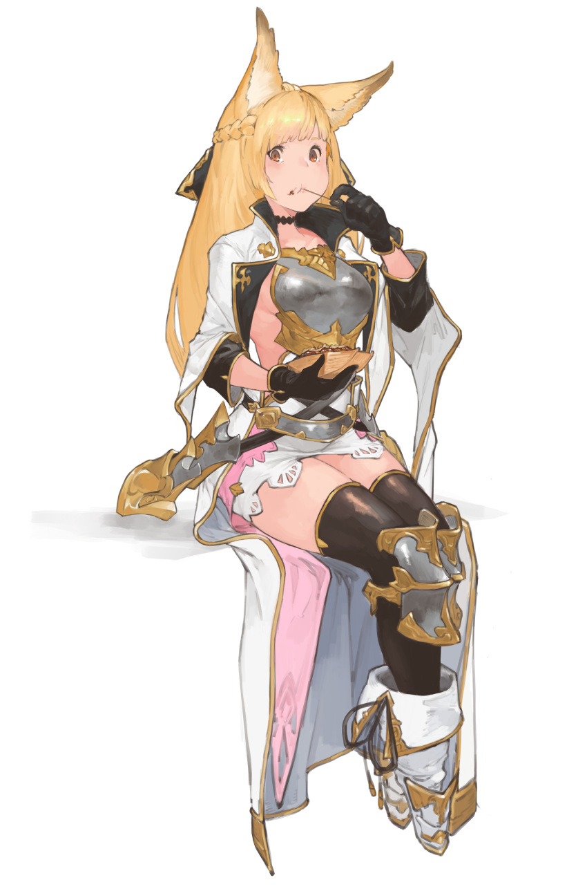 1girl :t absurdres animal_ears armor black_choker black_gloves black_legwear black_ribbon blonde_hair blush boots braid breastplate breasts brown_eyes choker closed_mouth eating erune faulds food food_on_face french_braid full_body gloves granblue_fantasy hair_ornament highres holding knee_boots knee_pads long_hair long_sleeves medium_breasts midriff n9+ pink_lips ribbon sideboob simple_background sitting skirt solo straight_hair thigh-highs thighs very_long_hair waist_cape white_background white_footwear white_skirt yuisis_(granblue_fantasy) zettai_ryouiki