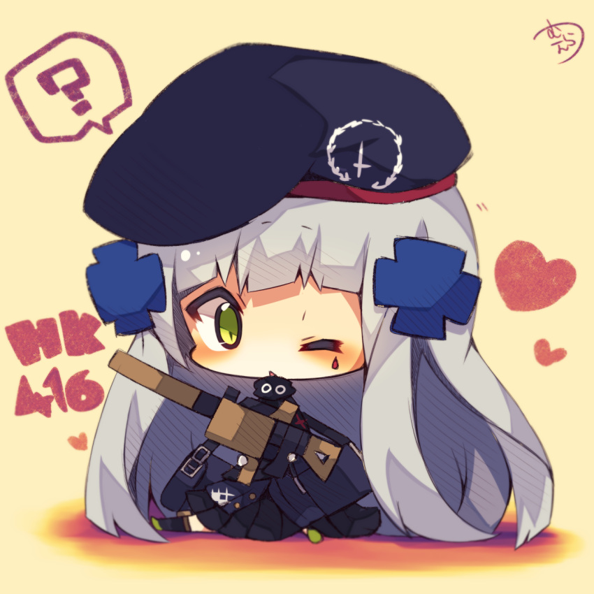 1girl ? assault_rifle bangs beret black_legwear black_skirt blue_hat blue_jacket blush character_name chibi commentary_request eyebrows_visible_through_hair facial_mark girls_frontline gloves green_eyes green_footwear gun hair_ornament hat heart heckler_&amp;_koch highres hk416 hk416_(girls_frontline) holding holding_gun holding_weapon jacket long_hair long_sleeves looking_at_viewer muuran object_namesake one_eye_closed parted_lips pleated_skirt rifle signature silver_hair sitting skirt solo spoken_question_mark thigh-highs very_long_hair weapon white_gloves