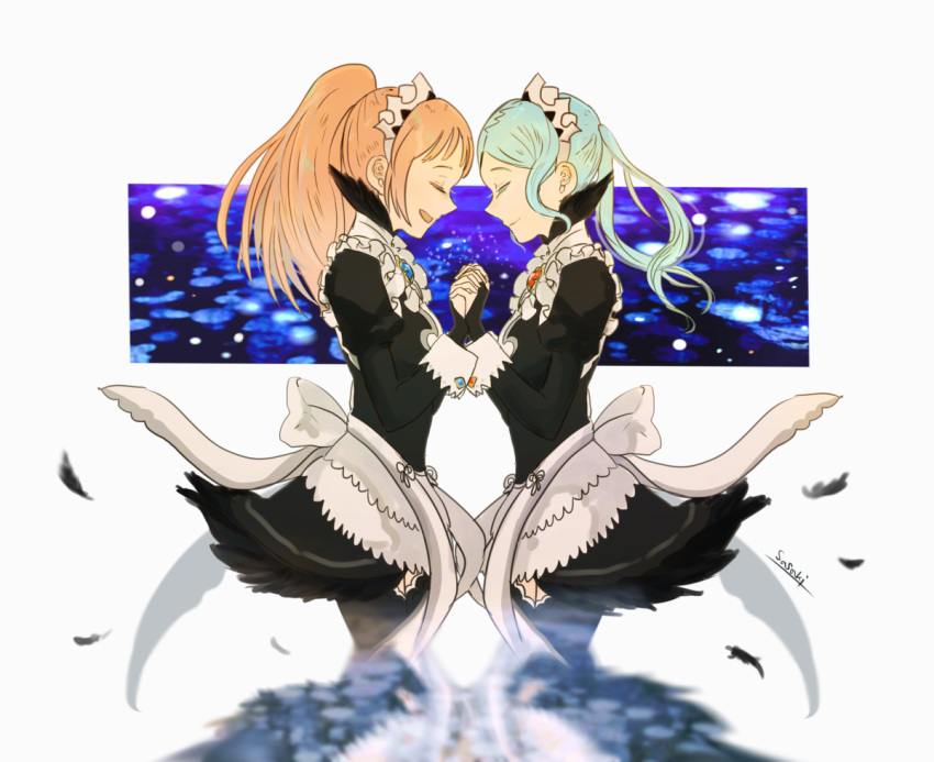 2girls artist_name blue_hair bridal_gauntlets closed_eyes closed_mouth feathers felicia_(fire_emblem_if) fire_emblem fire_emblem_if flora_(fire_emblem_if) from_side gem hand_holding juliet_sleeves long_hair long_sleeves maid maid_headdress multiple_girls nintendo open_mouth pink_hair ponytail puffy_sleeves sasaki_(dkenpisss) siblings sisters twintails