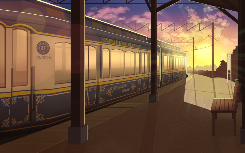 absurdres bench biako blue_skirt clouds cloudy_sky commentary_request evening gradient_sky ground_vehicle highres no_humans original outdoors scenery skirt sky sun sunlight sunset train train_station yellow_sky