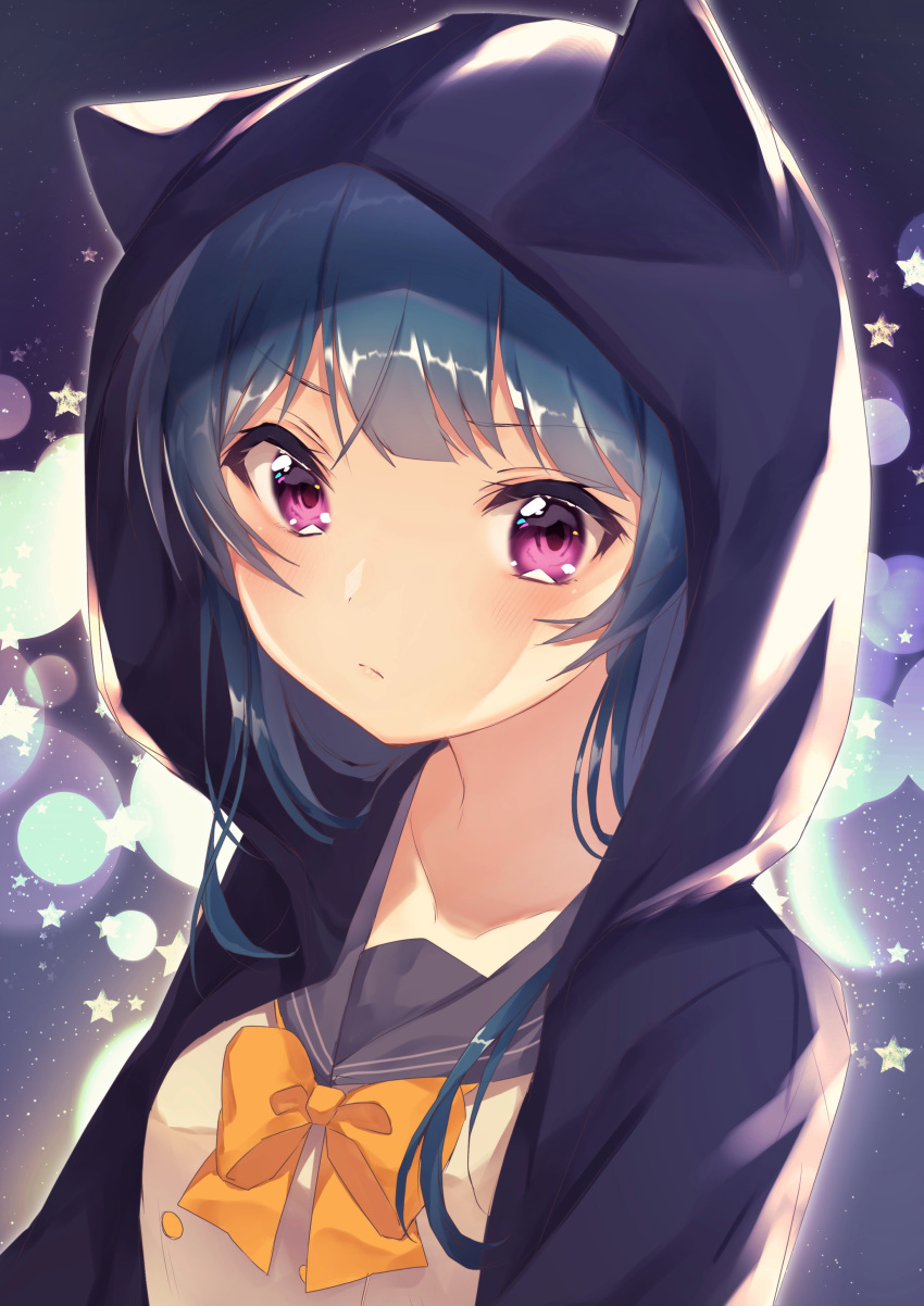 1girl abstract_background absurdres animal_ears animal_hood bangs black_jacket black_sailor_collar blue_hair blunt_bangs blush cat_ears cat_hood closed_mouth collarbone eyebrows_visible_through_hair grey_shirt highres hood hooded_jacket jacket looking_at_viewer love_live! love_live!_sunshine!! neckerchief nenobi_(nenorium) open_clothes open_jacket sailor_collar school_uniform shiny shiny_hair shirt solo star tsushima_yoshiko upper_body v-shaped_eyebrows violet_eyes yellow_neckwear