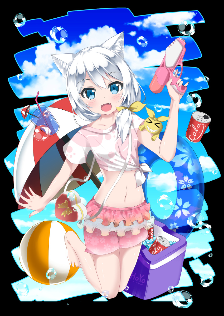 1girl absurdres animal_ears ball barefoot beachball benghuai_xueyuan blue_eyes blue_sky blush bow can cat_ears catstudioinc_(punepuni) clouds cup day drinking_glass drinking_straw eyebrows_visible_through_hair fang frills hair_bow hair_over_shoulder heart-shaped_bag highres honkai_impact ice innertube long_hair looking_at_viewer midriff navel open_mouth parasol shirt shorts side-tie silver_hair sky solo theresa_apocalypse tied_shirt umbrella water_gun