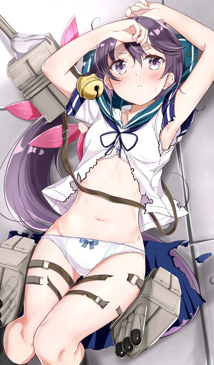 1girl absurdres ahoge akebono_(kantai_collection) armpits arms_up bangs bell blue_skirt blush bow bow_bra bow_panties bra breasts cannon closed_mouth collarbone damaged flower groin hair_bell hair_between_eyes hair_flower hair_ornament hair_ribbon highres jingle_bell kantai_collection kengorou_saemon_ii_sei long_hair lying machinery navel on_back panties pink_ribbon pleated_skirt purple_hair ribbon rigging sailor_collar school_uniform serafuku shirt short_sleeves side_ponytail sidelocks skirt small_breasts stomach strap sweat thigh_strap thighs torn_clothes torn_shirt torn_skirt torpedo_launcher turret underwear very_long_hair violet_eyes white_bra white_panties white_shirt