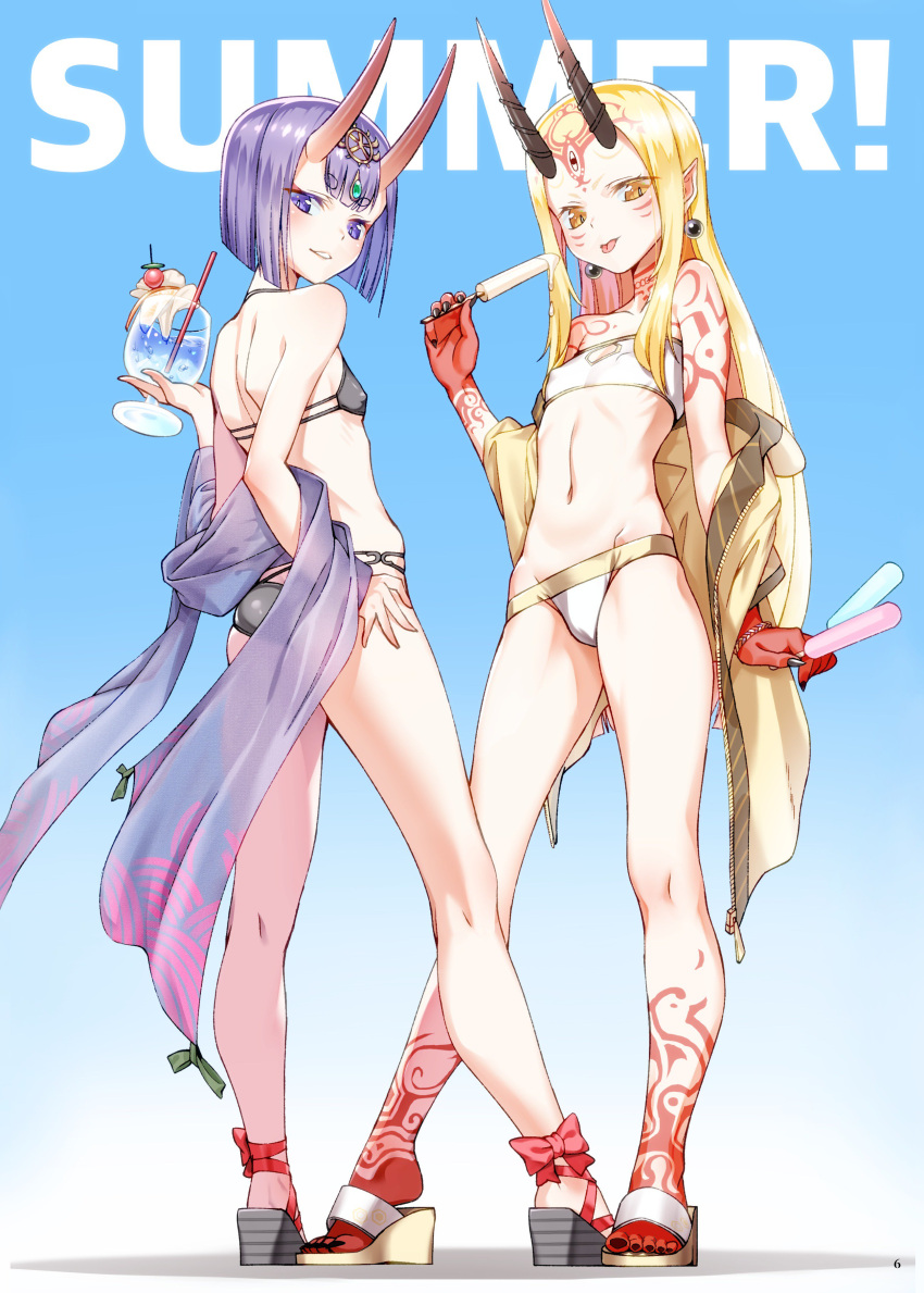 2girls absurdres bangs bare_legs bare_shoulders bikini black_bikini black_nails blonde_hair blunt_bangs breasts collarbone cup cupping_glass drink drinking_glass drinking_straw earrings english erect_nipples eyebrows_visible_through_hair fate/grand_order fate_(series) fingernails food hand_on_hip highres holding holding_cup horns ibaraki_douji_(fate/grand_order) jewelry long_hair looking_at_viewer multiple_girls nail_polish navel oni oni_horns pointy_ears popsicle purple_hair sandals saruchitan sharp_fingernails short_hair shuten_douji_(fate/grand_order) small_breasts standing strapless swimsuit tattoo tongue tongue_out towel violet_eyes wedge_heels white_bikini yellow_eyes