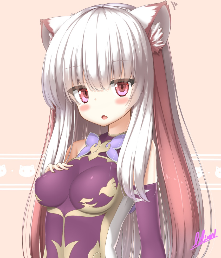 1girl alternate_hairstyle animal_ears artist_name bangs bare_shoulders blush breasts eyebrows_visible_through_hair eyes_visible_through_hair fang hair_down haku_(p&amp;d) highres impossible_clothes lilium0235 long_hair looking_at_viewer medium_breasts multicolored_hair open_mouth puzzle_&amp;_dragons red_eyes redhead signature simple_background solo tiger_ears two-tone_hair white_hair
