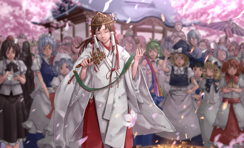 6+girls absurdres bell blurry blurry_background brown_hair character_request closed_eyes embers facing_viewer flower futatsuiwa_mamizou hair_tubes hakama hakurei_reimu highres ibaraki_kasen izayoi_sakuya japanese_clothes jingle_bell kagura_suzu kamishirasawa_keine kirisame_marisa kochiya_sanae komano_aun long_hair luna_child miko morichika_rinnosuke motoori_kosuzu multiple_girls nagi_(xx001122) petals pink_flower red_hakama remilia_scarlet shameimaru_aya star_sapphire sunny_milk tassel tatara_kogasa tatara_kogasa_(umbrella) touhou usami_sumireko wide_sleeves