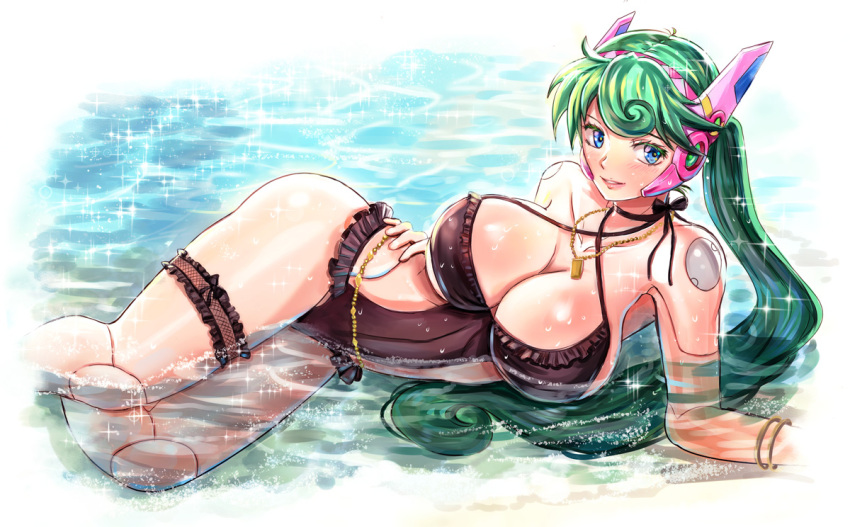 1girl android arm_support bangs black_swimsuit blue_eyes blush bracelet breasts capcom casual_one-piece_swimsuit cleavage commentary_request frilled_swimsuit frills green_hair headgear huge_breasts jewelry kiwakiwa lips long_hair looking_at_viewer lying marino necklace on_side one-piece_swimsuit parted_lips partially_submerged ponytail robot_joints rockman rockman_x rockman_x_command_mission smile solo sparkle swimsuit thigh_strap water