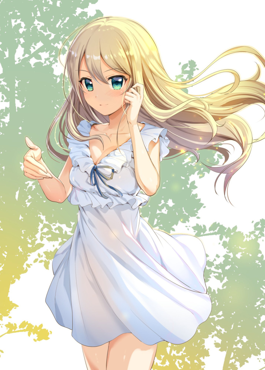 1girl alternate_eye_color alternate_hairstyle aqua_eyes bangs blonde_hair blush breasts cleavage closed_mouth collarbone commentary_request cowboy_shot darjeeling dress eyebrows_visible_through_hair floating_hair frilled_dress frills girls_und_panzer green_eyes hair_between_eyes hair_down hand_in_hair hands_up highres ikomochi light_smile long_hair looking_at_viewer medium_breasts short_dress sleeveless sleeveless_dress smile solo thighs tsurime wavy_hair white_dress wind wind_lift