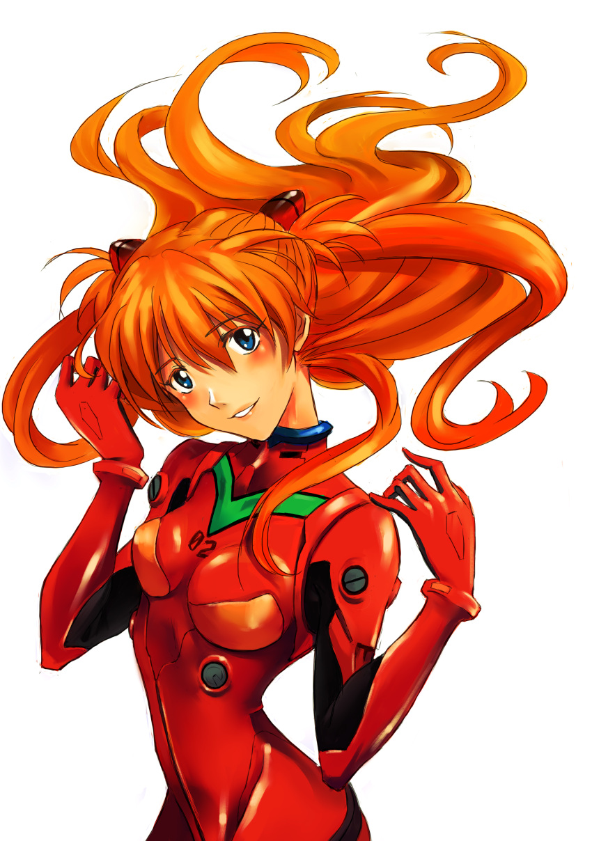 1girl absurdres blue_eyes blush bodysuit breasts breasts_apart brown_hair eyebrows_visible_through_hair fcc floating_hair hair_between_eyes hair_ornament head_tilt highres long_hair looking_at_viewer neon_genesis_evangelion parted_lips plugsuit red_bodysuit simple_background small_breasts solo souryuu_asuka_langley upper_body very_long_hair white_background