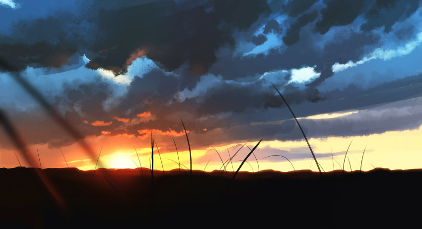blue_sky blurry blurry_foreground clouds cloudy_sky commentary_request depth_of_field gradient_sky grass highres horizon no_humans original outdoors ryokucha_manma scenery sky sun sunlight sunset yellow_sky