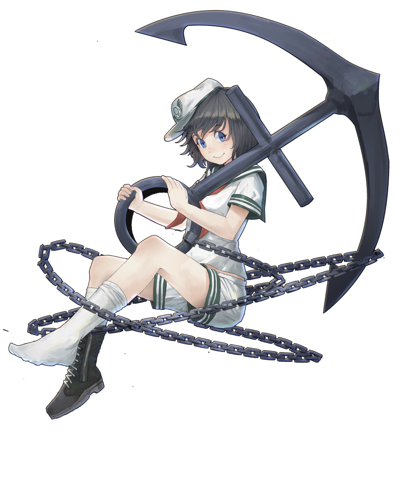 1girl absurdres anchor anchor_symbol bangs bare_arms bare_legs black_footwear black_hair blue_eyes boots chains closed_mouth collared_shirt cross-laced_footwear full_body googerm hands_up hat highres holding holding_anchor knees_up lace-up_boots looking_at_viewer metal murasa_minamitsu sailor sailor_collar sailor_hat shirt short_hair short_sleeves shorts simple_background single_boot smile socks solo touhou white_background white_legwear