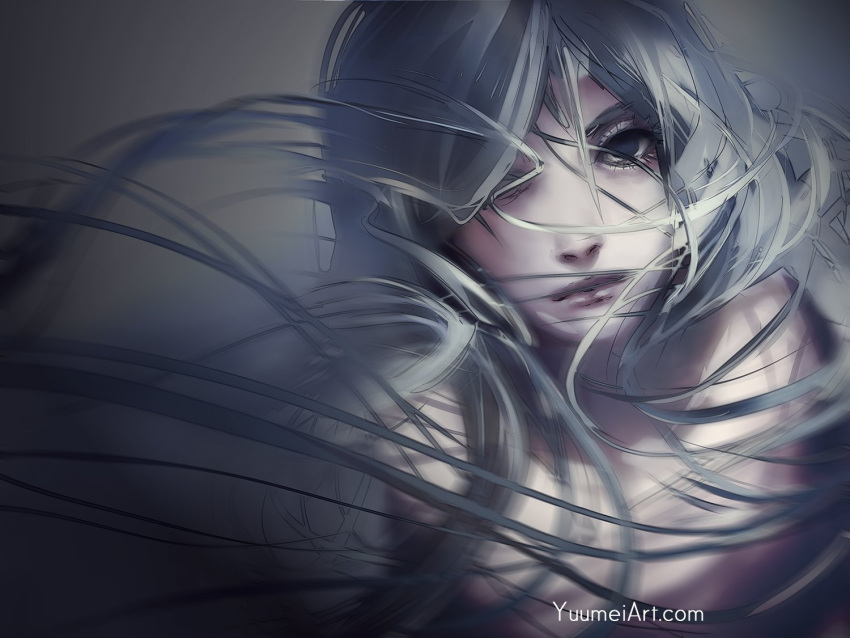 1girl closed_mouth commentary dark english_commentary floating_hair hair_over_one_eye lips long_hair looking_at_viewer original solo watermark web_address wenqing_yan white_hair