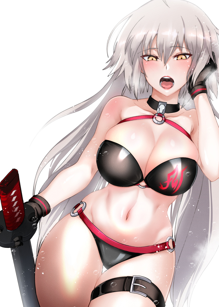 1girl ahoge bangs bikini black_bikini black_choker blush breasts choker cleavage commentary_request cowboy_shot eyebrows_visible_through_hair fate/grand_order fate_(series) gloves hair_between_eyes hand_on_own_head highres holding holding_sword holding_weapon jeanne_d'arc_(alter_swimsuit_berserker) jeanne_d'arc_(fate)_(all) katana large_breasts long_hair looking_at_viewer navel o-ring o-ring_bikini o-ring_bottom o-ring_top open_mouth saku_(saku1151) sheath sheathed silver_hair simple_background solo standing swimsuit sword thigh_strap waist weapon white_background yellow_eyes