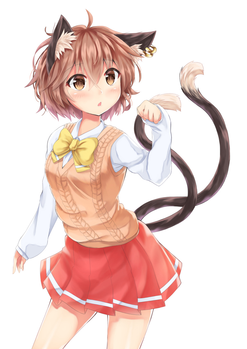 1girl absurdres ahoge akiteru98 alternate_costume animal_ear_fluff animal_ears bangs blush bow bowtie breasts brown_eyes brown_hair brown_vest cat_ears cat_tail chen commentary cowboy_shot earrings eyebrows_visible_through_hair hair_between_eyes hand_up highres jewelry long_sleeves looking_at_viewer miniskirt multiple_tails nekomata no_hat no_headwear parted_lips paw_pose pleated_skirt red_skirt shirt short_hair simple_background skirt sleeves_past_wrists small_breasts solo standing sweater_vest tail thighs touhou two_tails vest white_background white_shirt yellow_bow yellow_neckwear