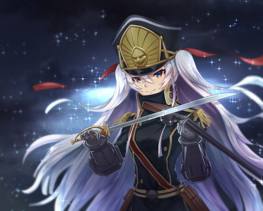 1girl altair_(re:creators) black_jacket blue_eyes cp_mizu floating_hair hair_between_eyes hair_ribbon hat highres holding holding_sword holding_weapon instrument jacket long_hair military military_hat military_uniform music night outdoors playing_instrument re:creators red_ribbon ribbon silver_hair smile solo sword twintails uniform upper_body very_long_hair weapon