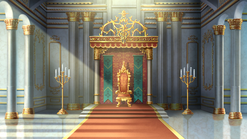 candelabra candle commentary_request day indoors no_humans original pillow red_carpet reflective_floor scenery stairs stone_stairs suishougensou sunlight throne throne_room