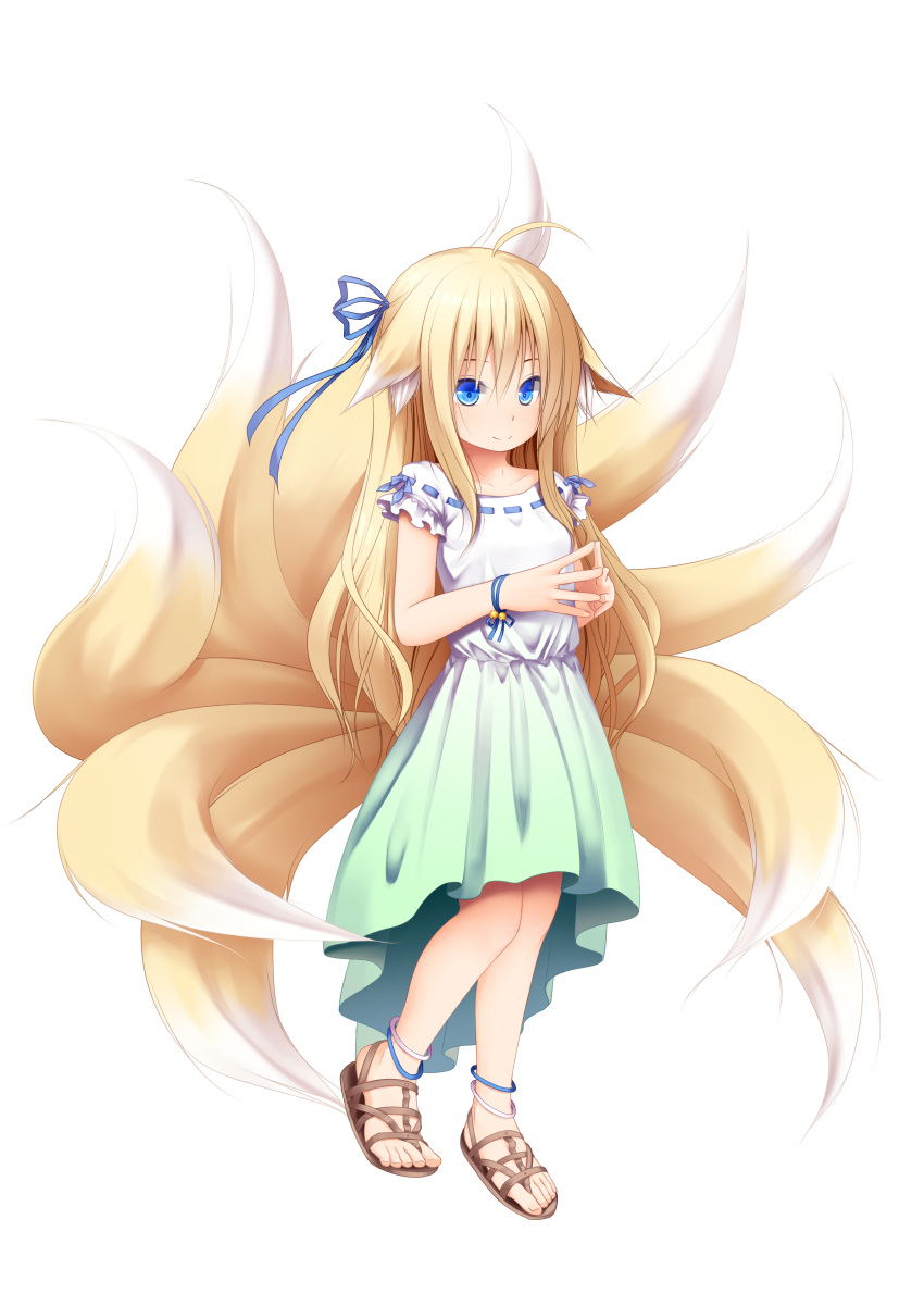 1girl absurdres ahoge animal_ears bangs bell blue_eyes blue_ribbon blush breasts brown_footwear collarbone dress ears_down eyebrows_visible_through_hair fox_ears fox_girl fox_tail full_body gradient_dress green_dress hair_between_eyes hair_ribbon haryuu_(poetto) highres jingle_bell kyuubi long_hair multiple_tails original ribbon ribbon-trimmed_dress sandals short_sleeves sidelocks simple_background small_breasts solo standing steepled_fingers tail toenails very_long_hair white_background white_dress wrist_ribbon