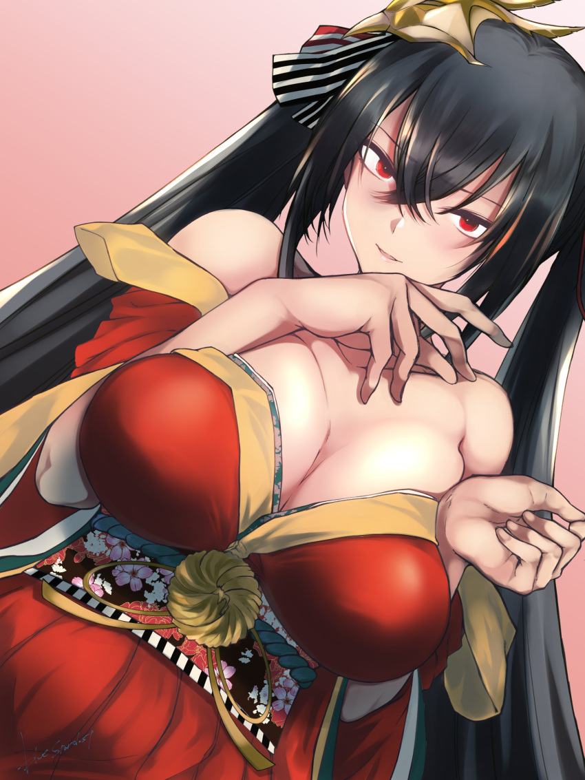 1girl absurdres ahoge azur_lane bangs bare_shoulders black_hair blush breasts cleavage collarbone crossed_bangs eyebrows_visible_through_hair hair_between_eyes hair_ornament hair_ribbon hands_up highres huge_breasts japanese_clothes kimono kojima_(blue_stardust) large_breasts long_hair looking_at_viewer obi off_shoulder open_mouth pink_background red_eyes red_kimono ribbon sash sidelocks signature simple_background smile solo taihou_(azur_lane) twintails very_long_hair