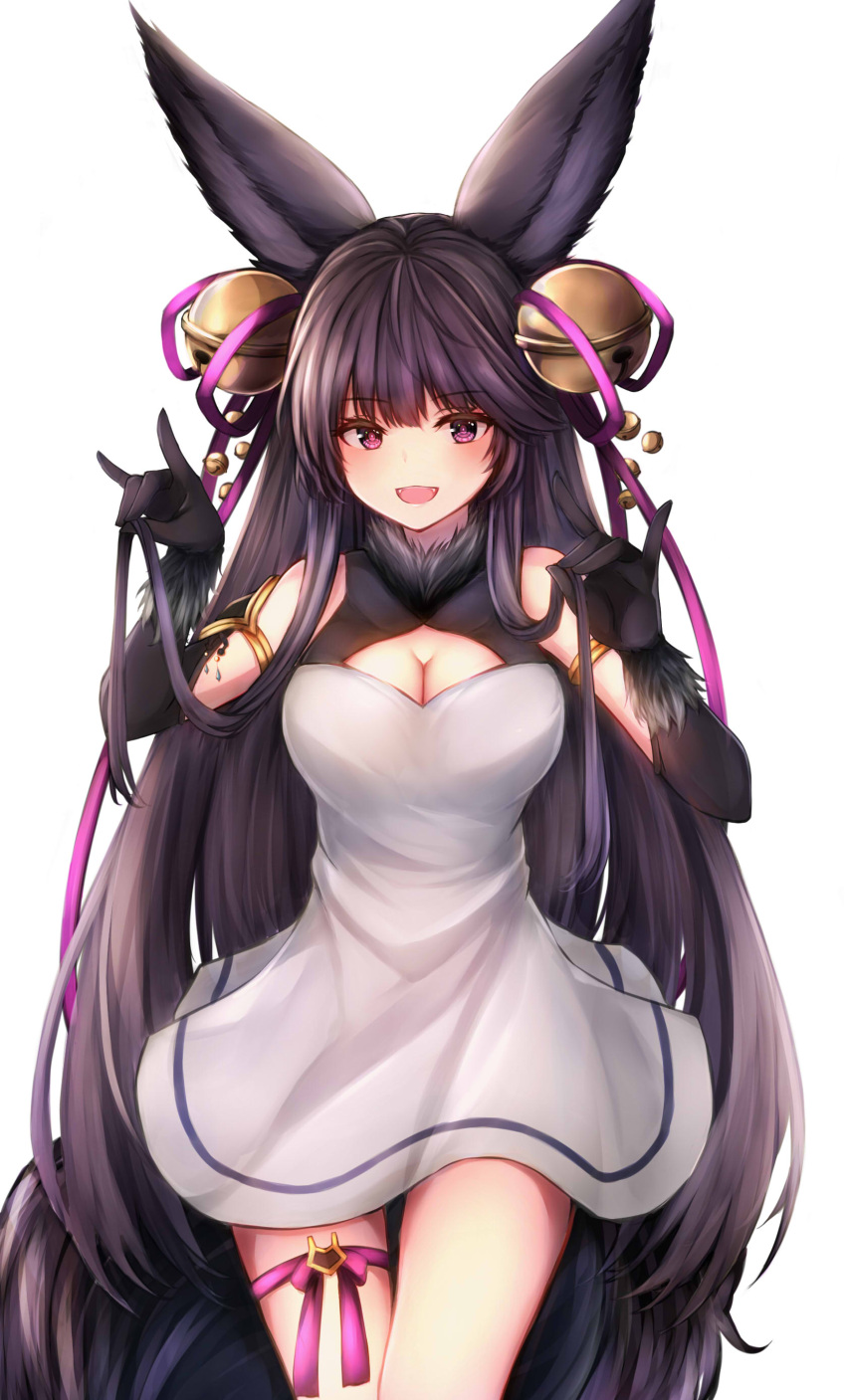 1girl absurdres animal_ears bell black_gloves black_hair blush breasts cleavage elbow_gloves eyebrows_visible_through_hair gloves granblue_fantasy hair_bell hair_ornament highres large_breasts long_hair looking_at_viewer open_mouth smile solo very_long_hair violet_eyes ym_(distance819) yuel_(granblue_fantasy)