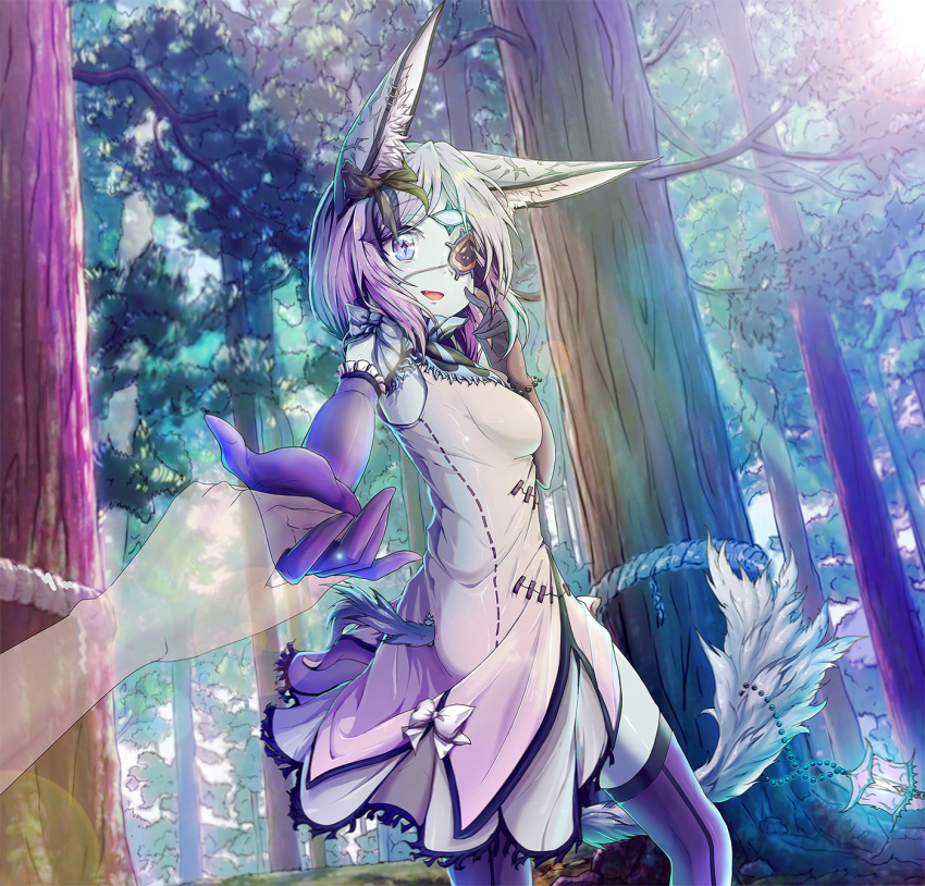 1girl animal_ears arina_chaika bow cora dress forest gloves highres lamp nature one_eye_closed original short_hair sleeveless sleeveless_dress smile tail