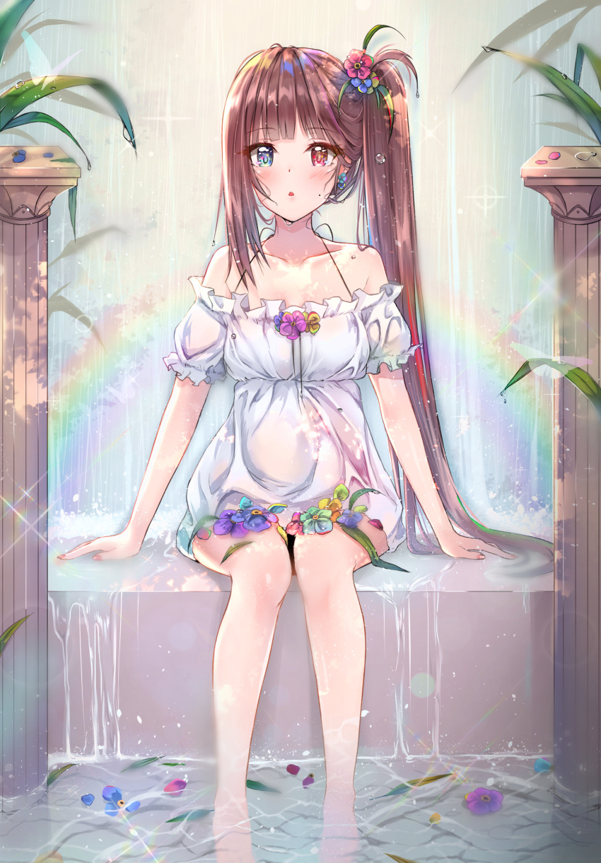 1girl :o absurdres arm_support bangs bare_shoulders blue_eyes blunt_bangs blush breasts brown_hair commentary_request cuna_(qunya) dress earrings eyebrows_visible_through_hair fingernails flower hair_flower hair_ornament heterochromia highres jewelry long_hair looking_at_viewer mole multicolored_hair nail_polish open_mouth original petals plant rainbow red_eyes short_dress sidelocks sitting small_breasts solo sparkle water water_drop water_surface wet white_dress