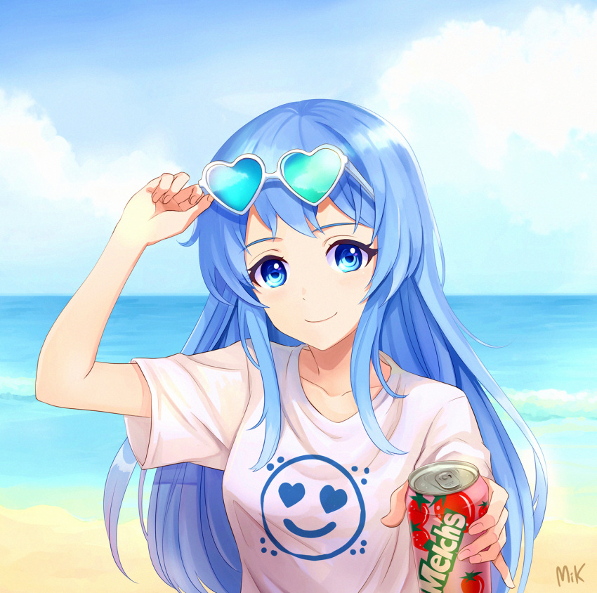 1girl beach blue_eyes blue_hair blush breasts closed_mouth collarbone day eyebrows_visible_through_hair eyewear_on_head heart heart-shaped_eyewear highres long_hair looking_at_viewer medium_breasts mikmix ocean original outdoors signature smile solo summer sunglasses