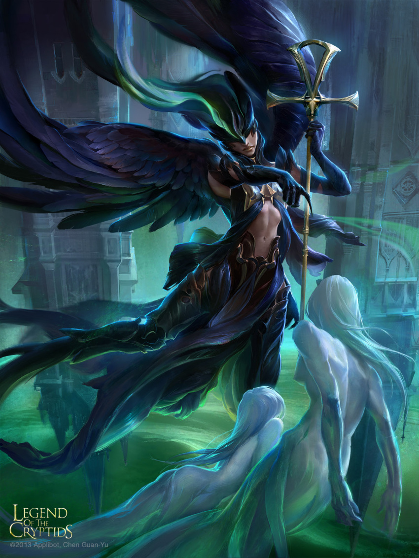 1girl armored_boots artist_name black_hair boots copyright_name feathered_wings gloves green_hair guan-yu_chen highres legend_of_the_cryptids long_hair mask multicolored_hair official_art solo spirit staff two-tone_hair wings