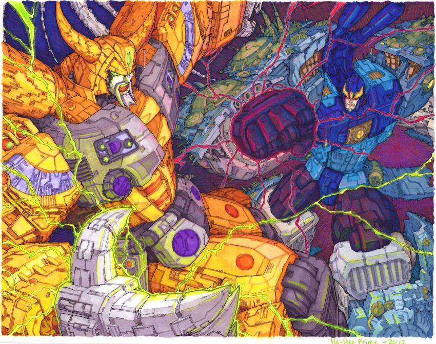 2boys alien battle claws colored commentary don_figueroa duel electricity energy english_commentary glowing glowing_eyes green_eyes ha-heeprime highres horns male_focus mecha multiple_boys no_humans oldschool planet primus red_eyes robot science_fiction space super_robot transformers transformers_armada transformers_cybertron unicron