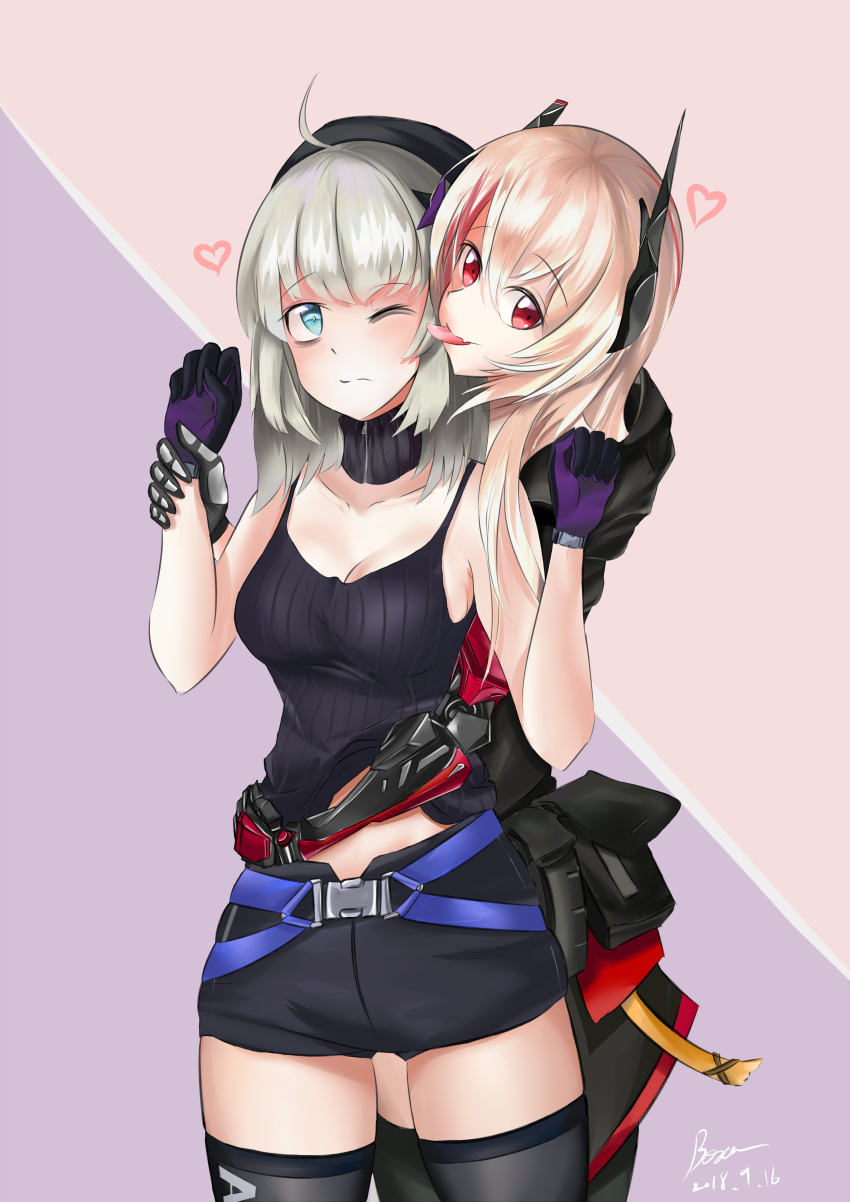 2girls aa-12_(girls_frontline) absurdres ahoge airbo amputee blue_eyes breasts cleavage eyebrows_visible_through_hair face_licking girls_frontline gloves hair_between_eyes heart highres licking long_hair m4_sopmod_ii_(girls_frontline) mechanical_arm multiple_girls one_eye_closed pink_hair prosthesis prosthetic_arm purple_gloves red_eyes short_shorts shorts silver_hair tank_top thigh-highs thighs yuri