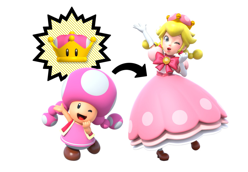 1girl 3d blonde_hair brown_footwear crown dress gloves grey_eyes highres super_mario_bros. new_super_mario_bros._u_deluxe nintendo official_art peachette pink_dress short_twintails super_mario_bros. toadette transformation twintails white_gloves