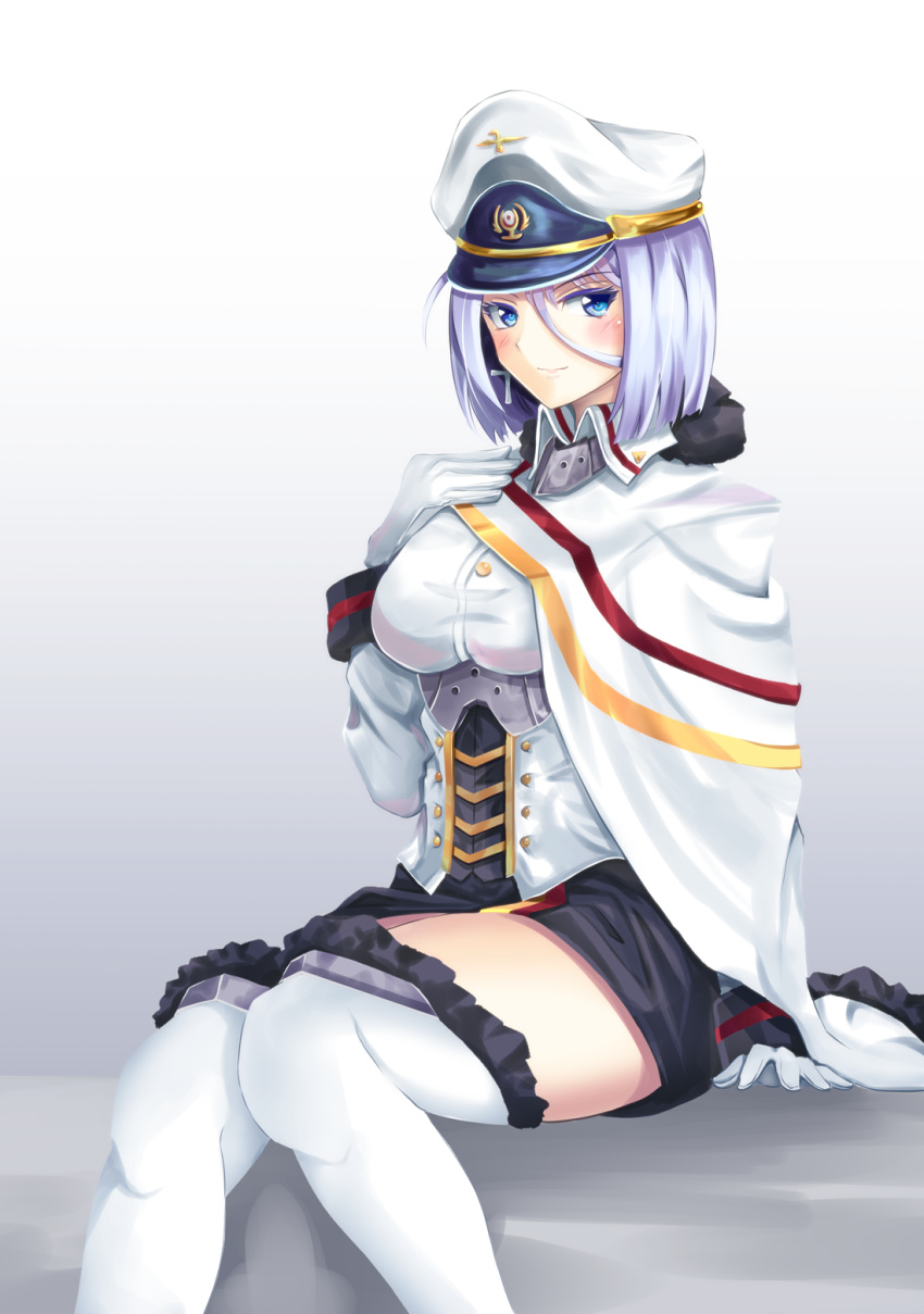 &gt;:) 1girl azur_lane bangs black_skirt blue_eyes breasts cape closed_mouth commentary_request cross cross_earrings earrings eyebrows_visible_through_hair fur_trim gloves gradient gradient_background grey_background hair_between_eyes hand_on_own_chest hand_up hat highres jewelry latin_cross long_sleeves peaked_cap purple_hair shirt sitting skirt smile solo thigh-highs tirpitz_(azur_lane) under_boob v-shaped_eyebrows white_background white_cape white_gloves white_hat white_legwear white_shirt yumibakama_meme