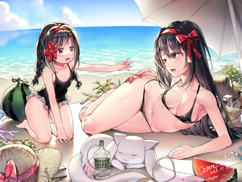 2girls :d akemi_homura bangs bare_arms bare_legs bare_shoulders barefoot beach beach_umbrella bikini black_bikini black_hair black_swimsuit blue_sky blurry blurry_background blush bottle bow breasts casual_one-piece_swimsuit clouds commentary_request commission dated day depth_of_field english eye_contact eyebrows_visible_through_hair flower food frilled_swimsuit frills fruit hair_between_eyes hair_bow hair_flower hair_ornament hairband hat hat_bow hat_removed hat_ribbon headwear_removed highres horizon ia_(ias1010) kyubey long_hair looking_at_another mahou_shoujo_madoka_magica medium_breasts multiple_girls ocean one-piece_swimsuit open_mouth outdoors red_bow red_flower red_hairband red_ribbon ribbon sand signature sky small_breasts smile starfish sun_hat swimsuit umbrella very_long_hair violet_eyes water watermelon white_umbrella