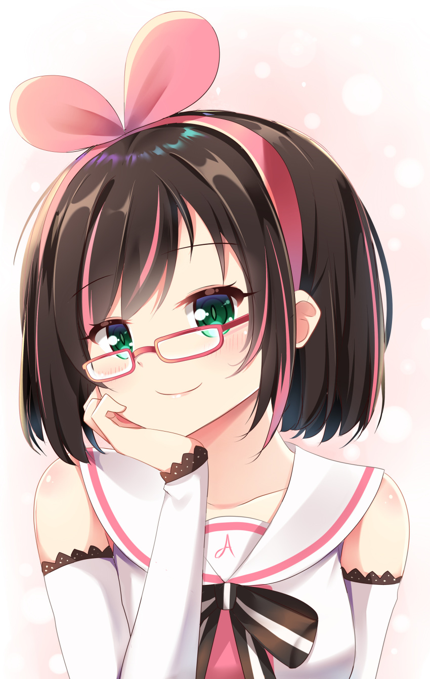 1girl a.i._channel absurdres agung_syaeful_anwar arm_support bangs bespectacled black_bow blush bow brown_background brown_hair closed_mouth collarbone detached_sleeves eyebrows_visible_through_hair glasses green_eyes hair_ribbon hairband highres kizuna_ai long_sleeves multicolored_hair pink_hair pink_hairband pink_ribbon red-framed_eyewear ribbon sailor_collar shirt short_hair sleeveless sleeveless_shirt smile solo streaked_hair striped striped_bow virtual_youtuber white_sailor_collar white_shirt