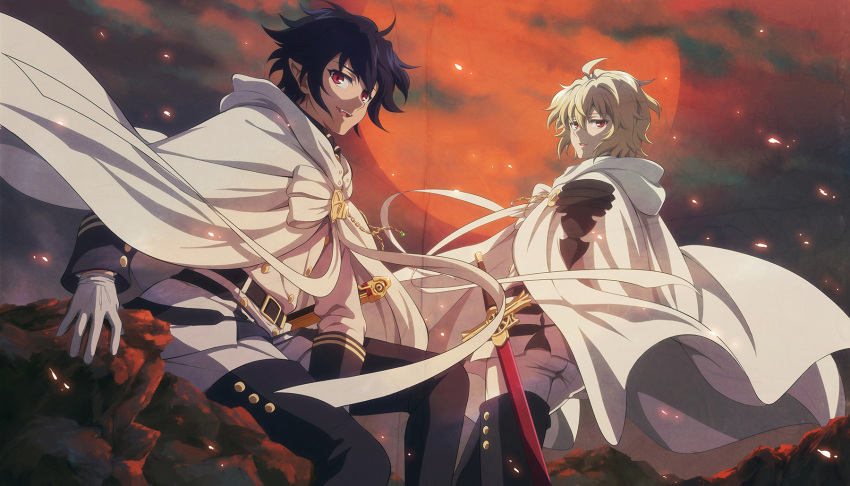 2boys :d alternate_eye_color black_footwear black_hair blonde_hair boots cape eyes fang fcc full_moon gloves highres hyakuya_mikaela hyakuya_yuuichirou looking_at_viewer looking_back male_focus military military_uniform moon multiple_boys night official_style open_mouth outdoors owari_no_seraph pants parted_lips pointy_ears red_eyes red_moon sheath sheathed sitting smile standing sword thigh-highs thigh_boots uniform vampire weapon white_cape white_gloves white_pants