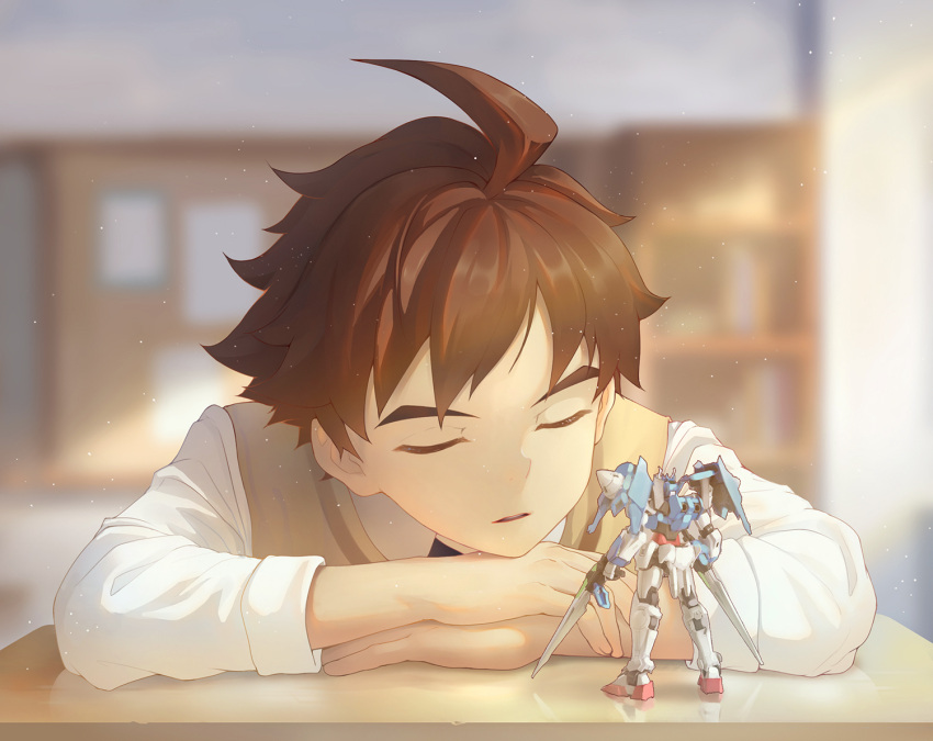 1boy ahoge beitemian blurry brown_hair closed_eyes depth_of_field desk gundam gundam_build_divers gunpla long_sleeves male_focus mikami_riku necktie parted_lips school_desk school_uniform short_hair sleeping solo vest