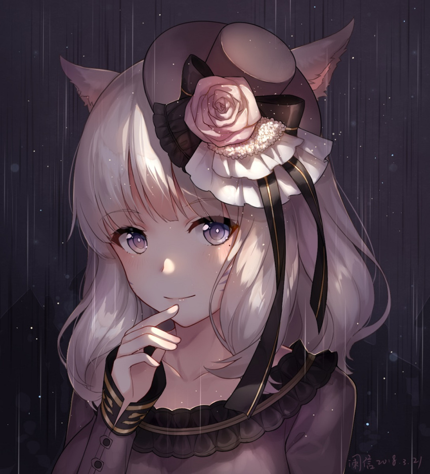 1girl 2018 animal_ears ayuanlv bangs bright_pupils cat_ears closed_mouth dated eyebrows_visible_through_hair eyes_visible_through_hair facial_mark final_fantasy final_fantasy_xiv flower grey_hat hand_up hat hat_flower long_sleeves looking_at_viewer medium_hair mini_hat mini_top_hat miqo'te mole mole_under_eye smile solo top_hat upper_body white_hair white_pupils