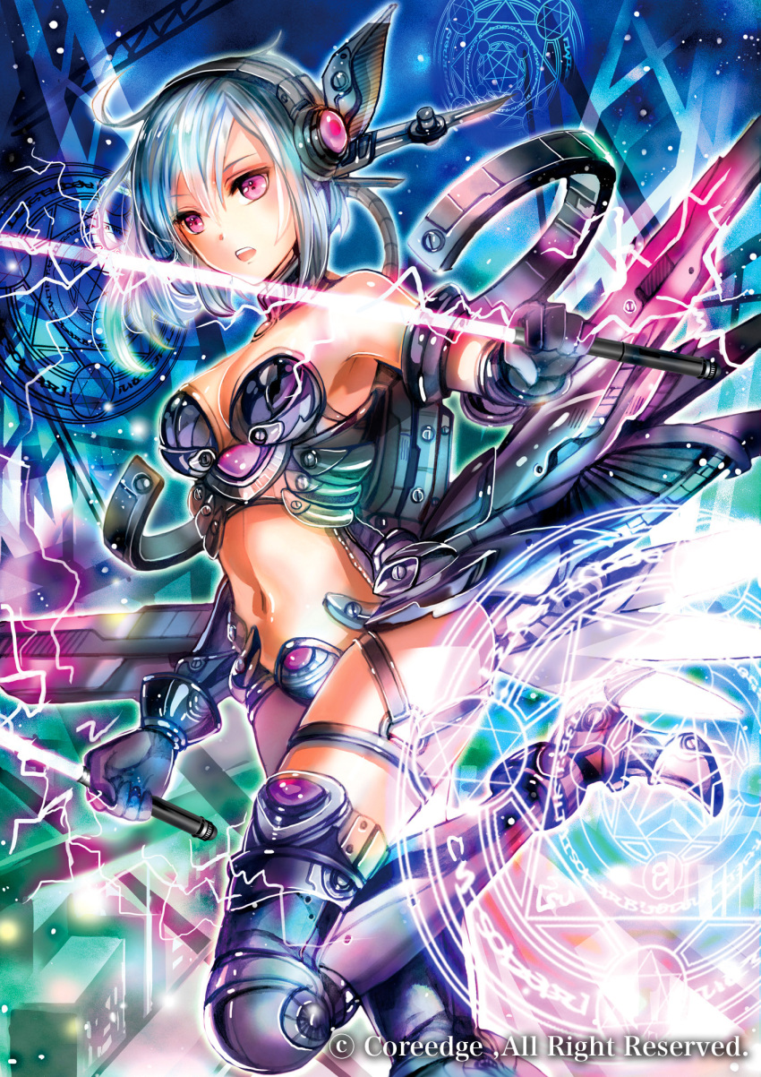 1girl armor beam_saber bikini_armor blue_hair breasts choker cleavage dual_wielding gloves grey_gloves hair_between_eyes highres holding holding_sword holding_weapon leg_up magic_circle medium_breasts midriff navel open_mouth original pink_eyes rioka_(southern_blue_sky) short_hair solo standing standing_on_one_leg stomach strapless sword thigh_strap weapon