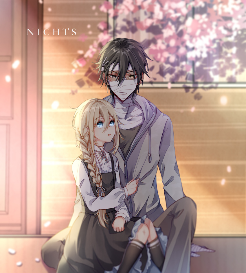 1boy 1girl artist_name bandage black_dress black_hair black_legwear black_shirt blonde_hair braid braided_ponytail brown_pants cherry_blossoms dark_skin day dress dress_shirt grey_ribbon grey_sweater hair_over_shoulder hair_ribbon highres hood hooded_sweater isaac_foster kneehighs long_hair neck_ribbon nichts_(pixiv19636538) outdoors pants pinafore_dress rachel_gardner ribbon satsuriku_no_tenshi shirt single_braid sitting sleeveless sleeveless_dress sweater white_shirt yellow_eyes