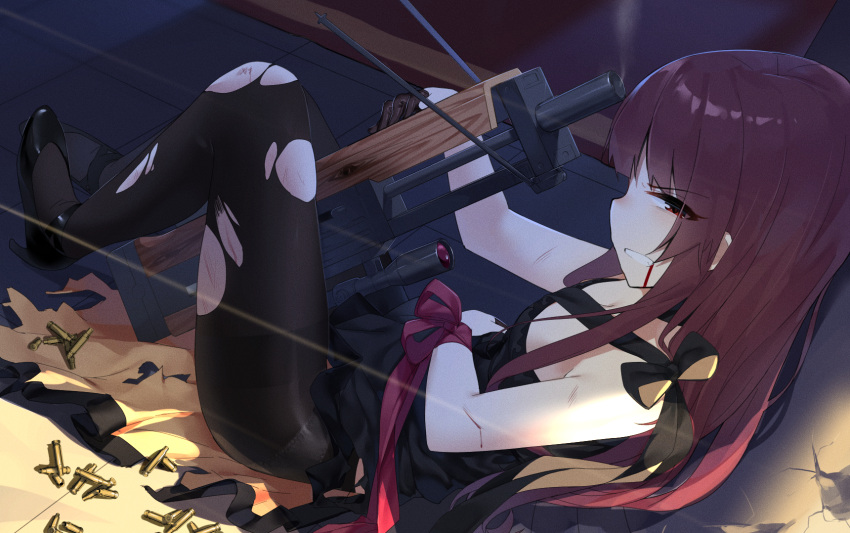 1girl bangs bare_shoulders between_legs black_dress black_footwear black_gloves black_legwear blood blood_from_mouth breasts bullpup clenched_teeth commentary cuts dress eyebrows_visible_through_hair girls_frontline gloves gun half-closed_eye half_gloves high_heels highres injury long_hair looking_at_viewer looking_to_the_side noria object_namesake panties panties_under_pantyhose pantyhose profile red_eyes red_ribbon redhead ribbon rifle scope shell_casing shoes sitting sleeveless sleeveless_dress small_breasts sniper_rifle solo teeth thighband_pantyhose tile_floor tiles torn_clothes torn_pantyhose underwear very_long_hair wa2000_(girls_frontline) walther walther_wa_2000 weapon