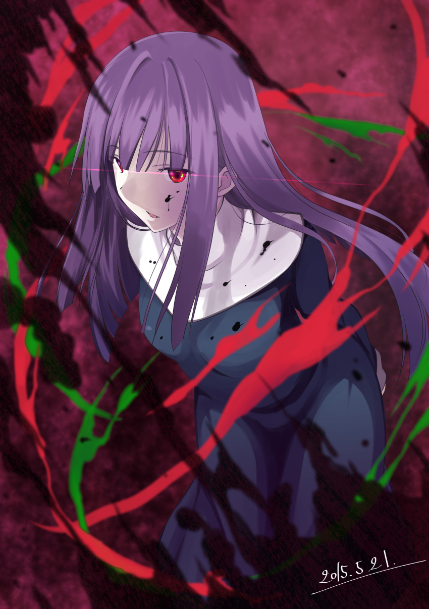 1girl absurdres asagami_fujino bangs blue_dress breasts colorful commentary_request dress eyebrows_visible_through_hair highres kara_no_kyoukai long_hair long_sleeves medium_breasts mu-_(tel445566) multicolored multicolored_background open_mouth purple_hair red_eyes school_uniform solo type-moon