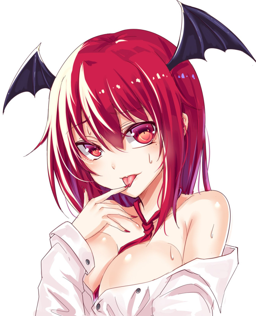 1girl :p bangs bare_shoulders between_breasts blush breasts cleavage collarbone commentary_request demon_wings eyebrows_visible_through_hair finger_to_tongue hair_between_eyes hand_up head_tilt head_wings highres koakuma koissa large_breasts long_hair long_sleeves looking_at_viewer mole mole_under_eye nail_polish necktie necktie_between_breasts off_shoulder red_eyes red_nails red_neckwear redhead shiny shiny_skin shirt simple_background single_sidelock smile solo sweat tongue tongue_out touhou upper_body white_background white_shirt wings